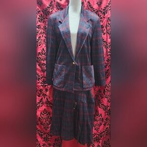 Elegant Women's Plaid Midi Skirt & Jacket in Navy and Red